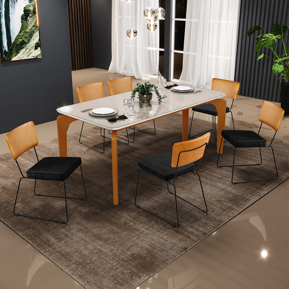 Mesa Capri 160cm Off White Com 6 Cadeiras Allana B05 Couríssimo Whisky Linho Chumbo - Lyam Decor