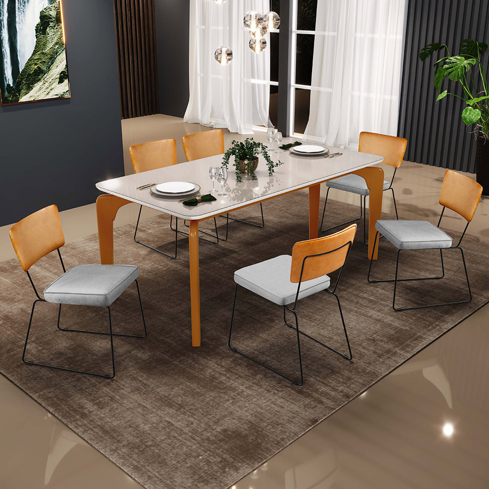 Mesa Capri 160cm Off White Com 6 Cadeiras Allana B05 Couríssimo Whisky Linho Cinza - Lyam Decor