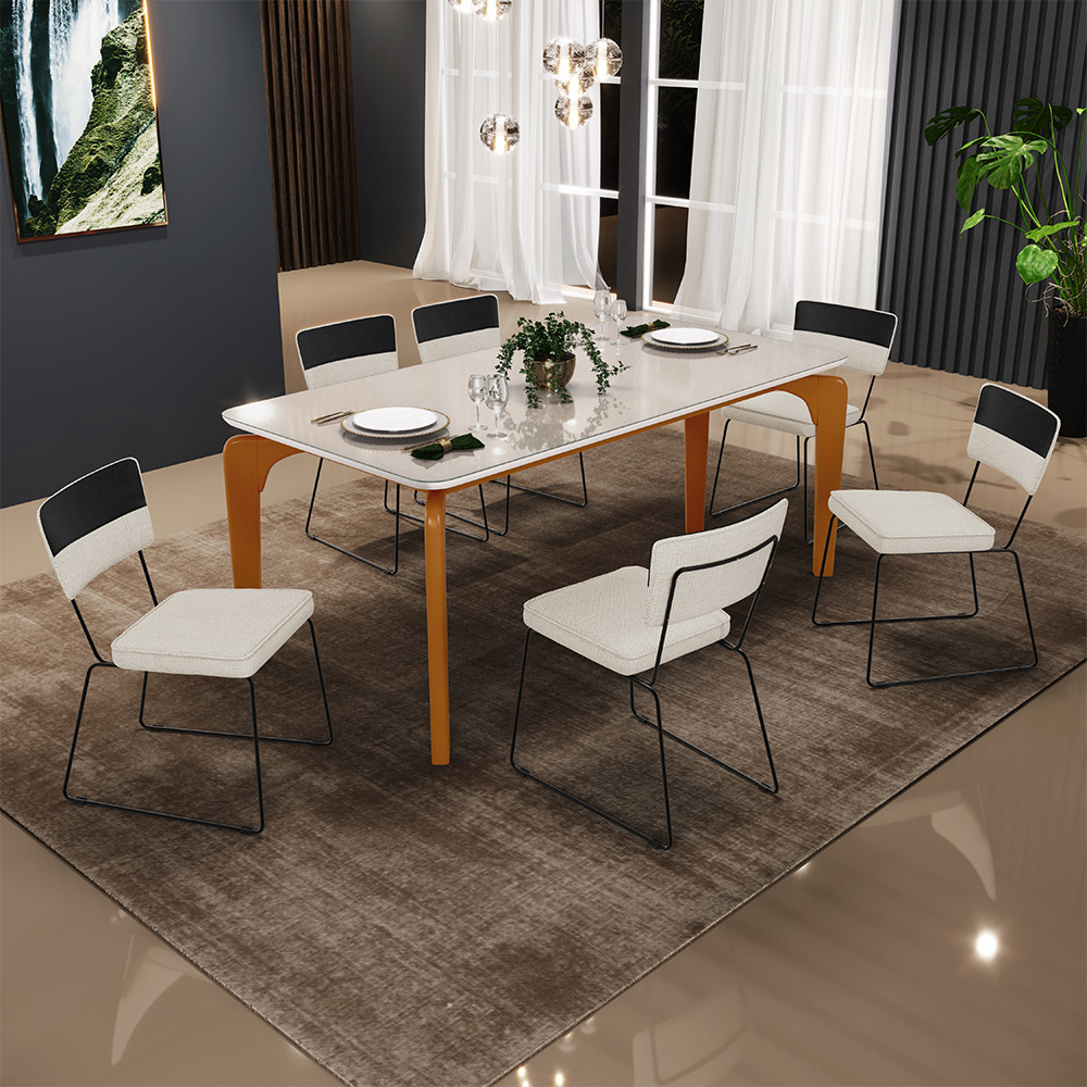 Mesa Capri 160cm Off White Com 6 Cadeiras Allana B05 Faixa Corano Preto Linho Champagne - Lyam Decor
