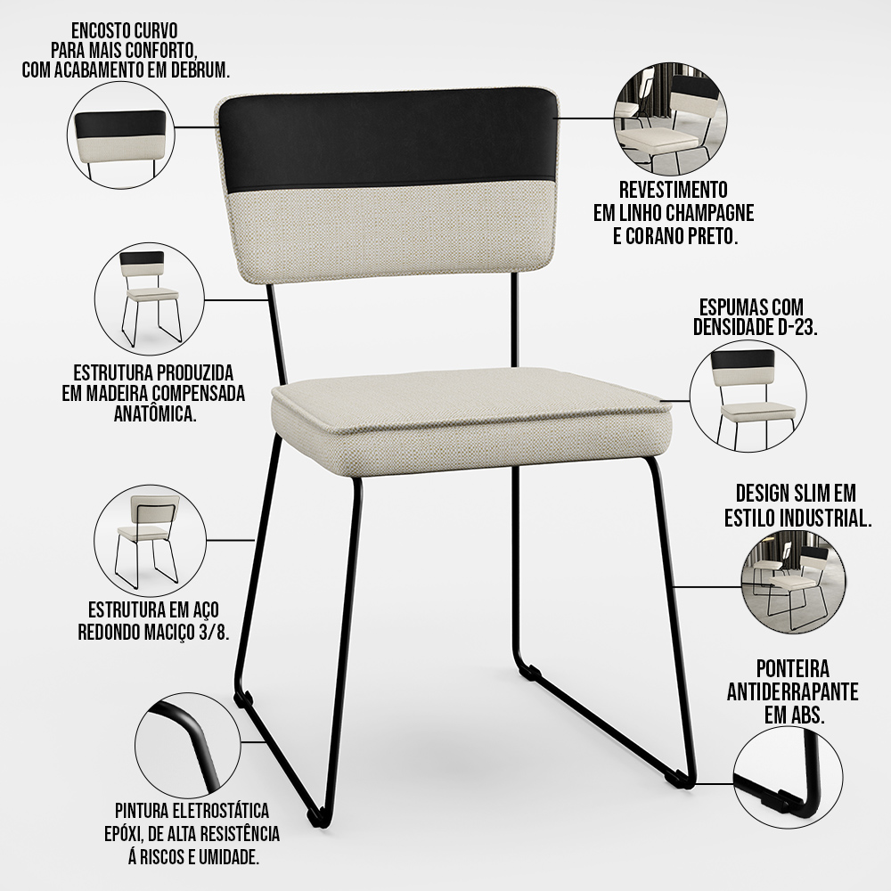 Mesa Capri 160cm Off White Com 6 Cadeiras Allana B05 Faixa Corano Preto Linho Champagne - Lyam Decor