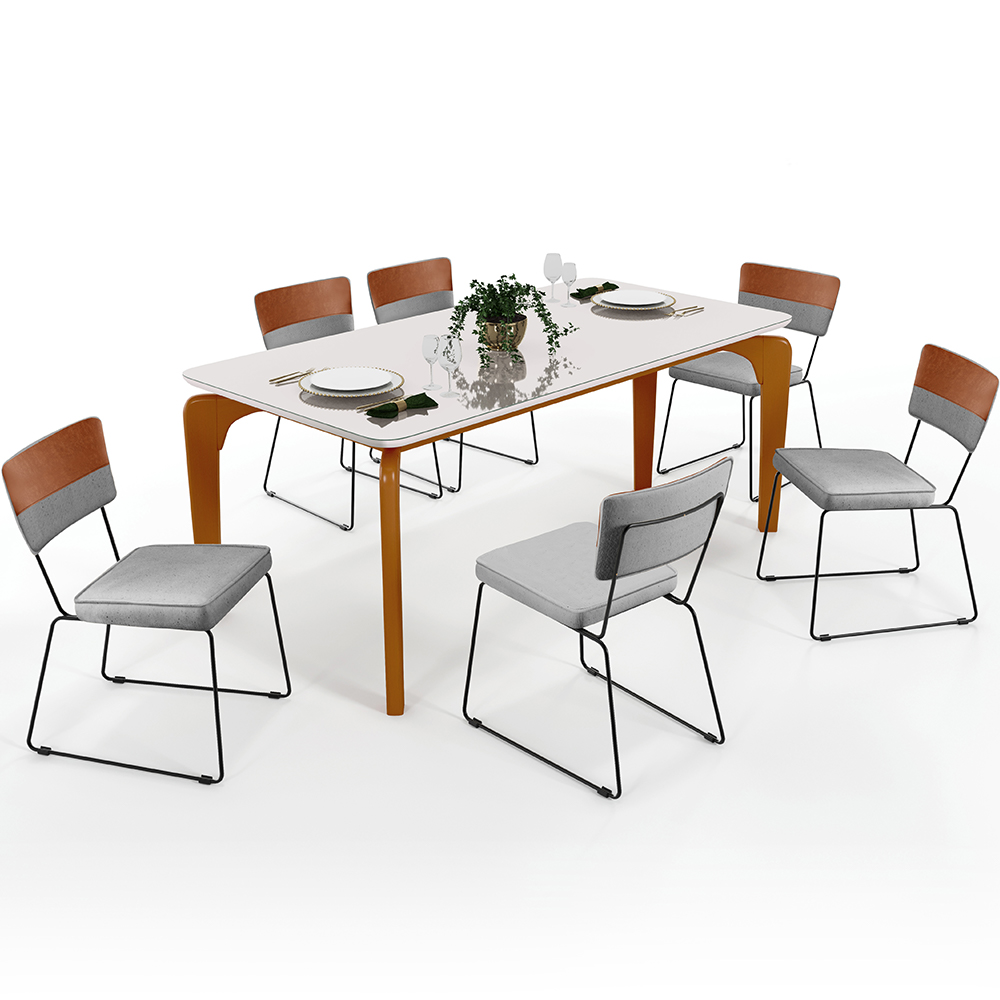 Mesa Capri 160cm Off White Com 6 Cadeiras Allana B05 Faixa Couríssimo Camel Linho Cinza - Lyam Decor