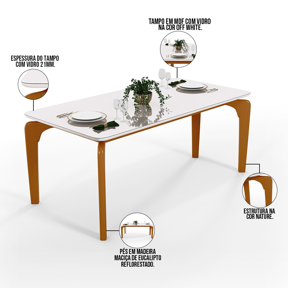 Mesa Capri 160cm Off White Com 6 Cadeiras Allana B05 Faixa Couríssimo Camel Linho Cinza - Lyam Decor