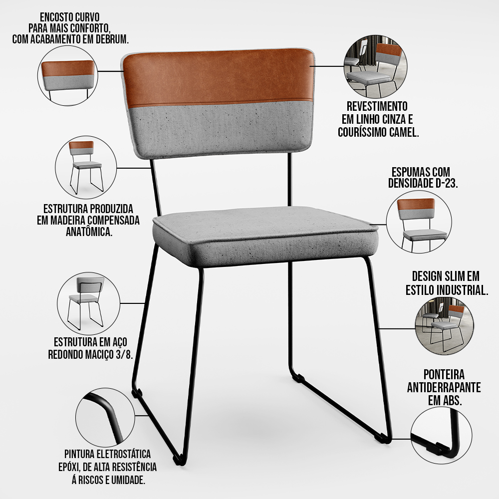 Mesa Capri 160cm Off White Com 6 Cadeiras Allana B05 Faixa Couríssimo Camel Linho Cinza - Lyam Decor