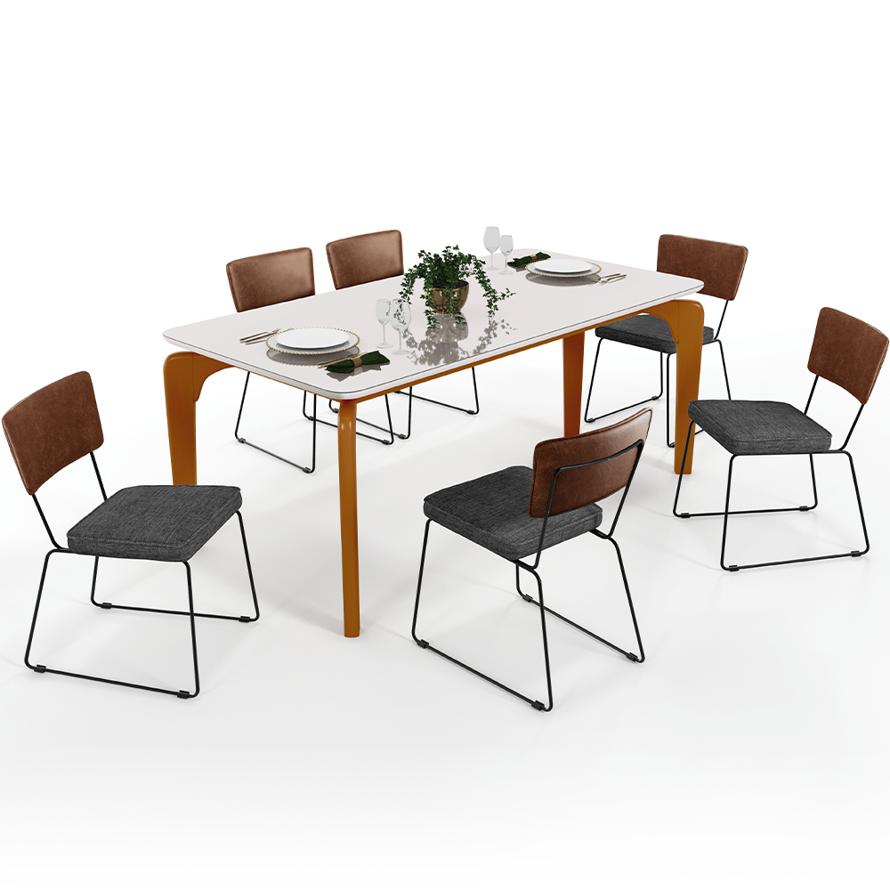 Mesa Capri 160cm Off White E 6 Cadeiras Allana B05 Couríssimo Marrom Linho Cinza Escuro - Lyam Decor