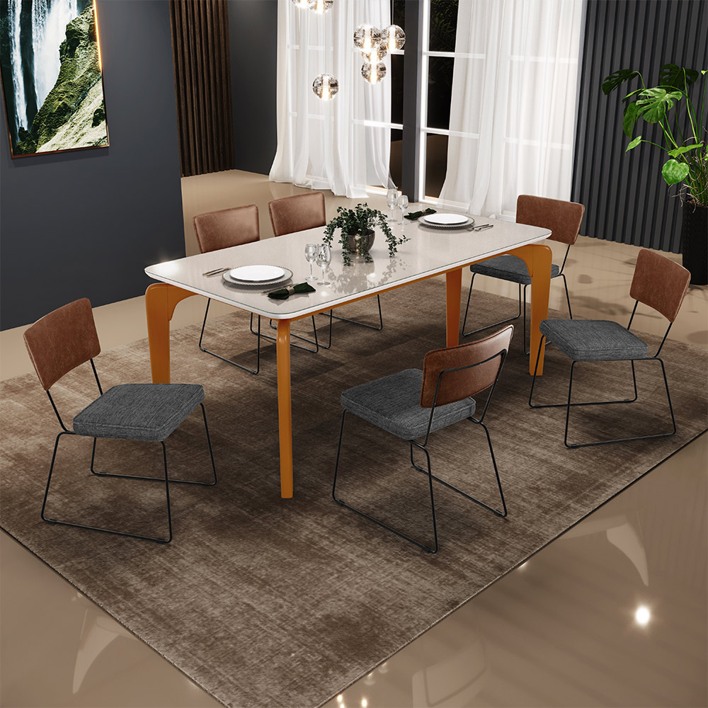Mesa Capri 160cm Off White E 6 Cadeiras Allana B05 Couríssimo Marrom Linho Cinza Escuro - Lyam Decor