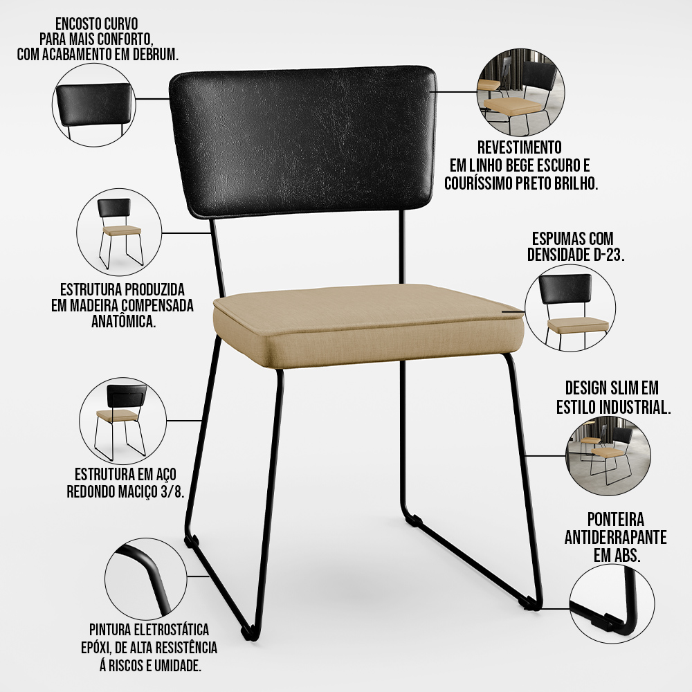 Mesa Capri 160cm Off White E 6 Cadeiras Allana B05 Couríssimo Preto Linho Bege Escuro - Lyam Decor