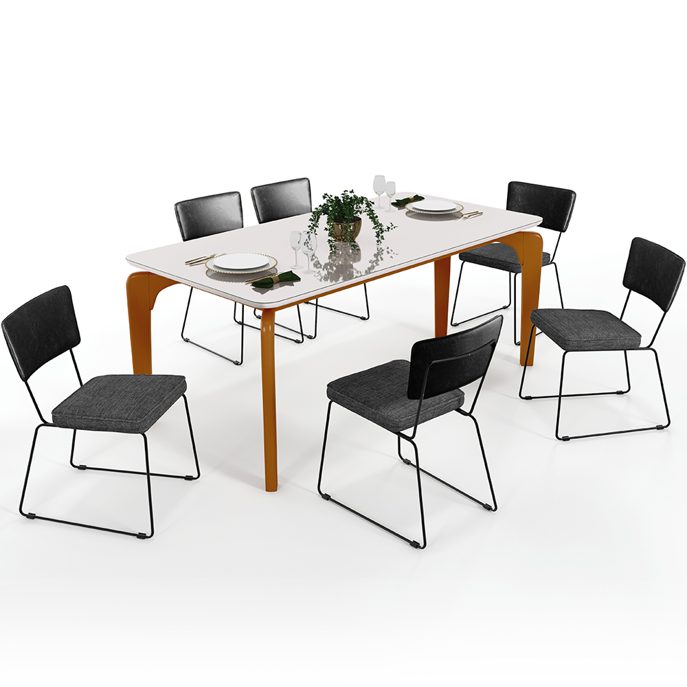 Mesa Capri 160cm Off White E 6 Cadeiras Allana B05 Couríssimo Preto Linho Cinza Escuro - Lyam Decor