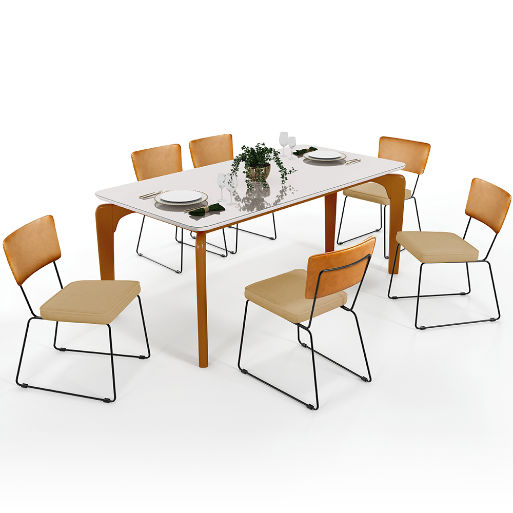 Mesa Capri 160cm Off White E 6 Cadeiras Allana B05 Couríssimo Whisky Linho Bege Escuro - Lyam Decor