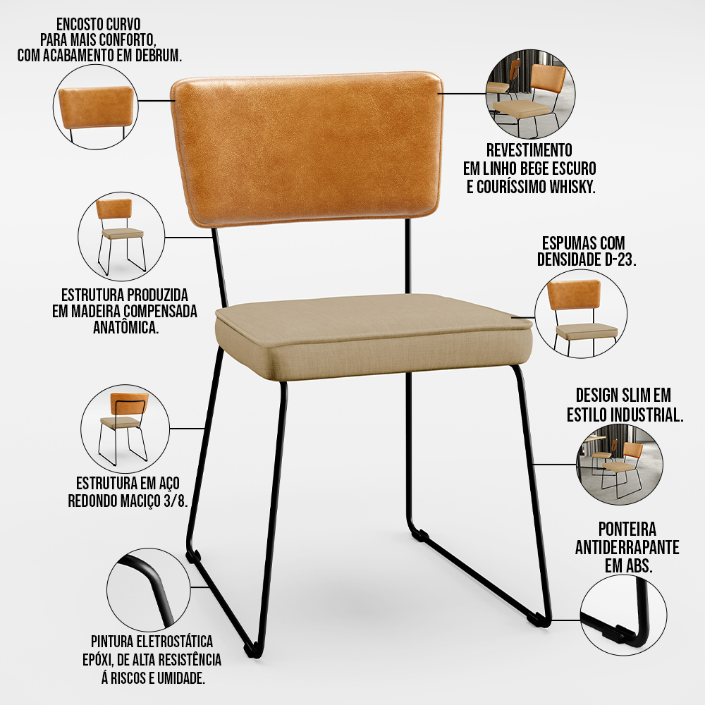 Mesa Capri 160cm Off White E 6 Cadeiras Allana B05 Couríssimo Whisky Linho Bege Escuro - Lyam Decor