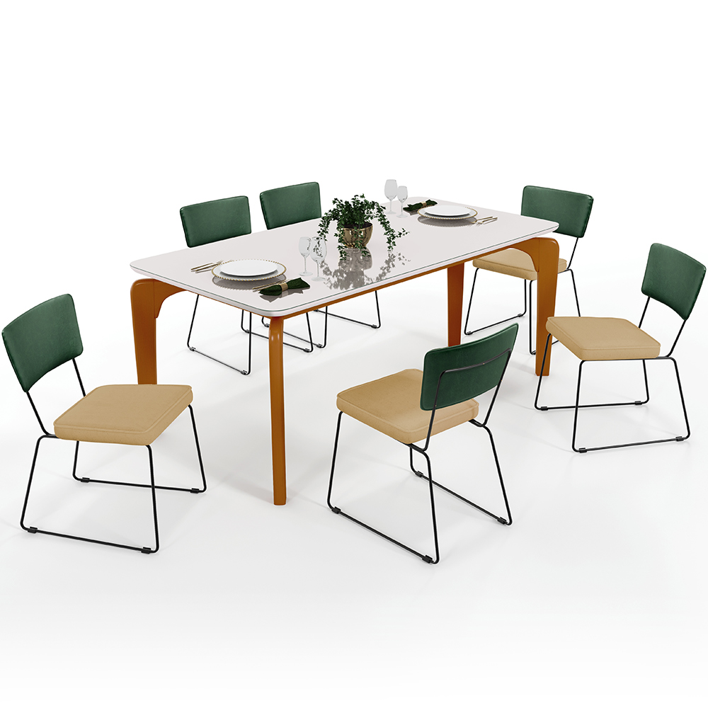 Mesa Capri 160cm Off White E 6 Cadeiras Allana B05 Facto Verde Musgo Linho Bege Escuro - Lyam Decor