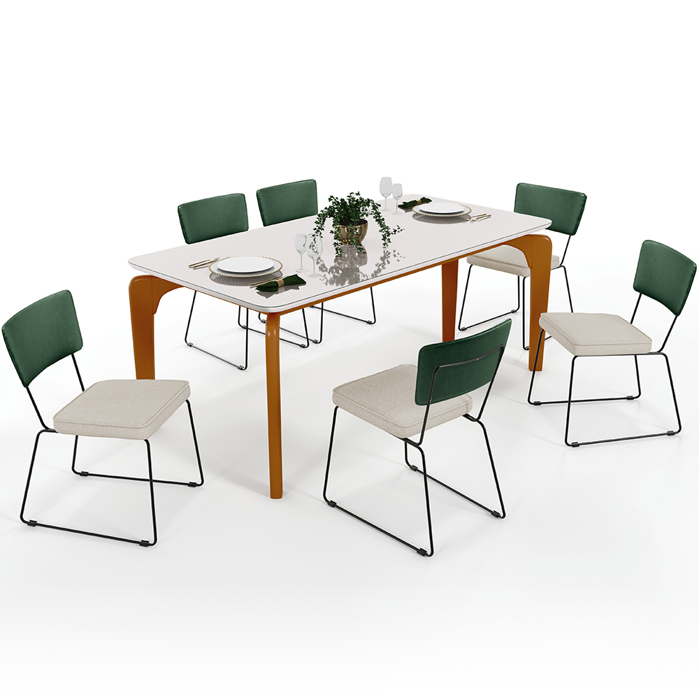 Mesa Capri 160cm Off White E 6 Cadeiras Allana B05 Facto Verde Musgo Linho Champagne - Lyam Decor