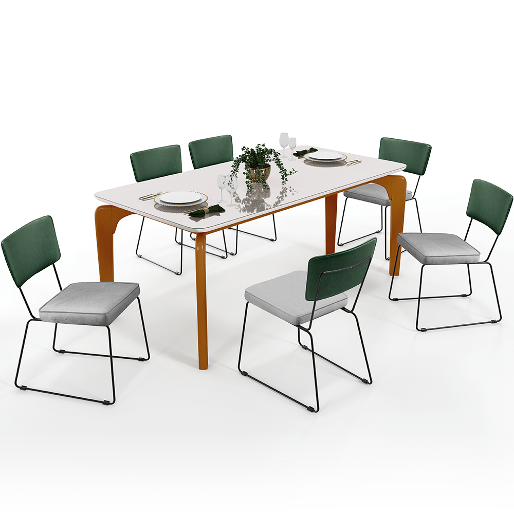 Mesa Capri 160cm Off White E 6 Cadeiras Allana B05 Facto Verde Musgo Linho Cinza - Lyam Decor