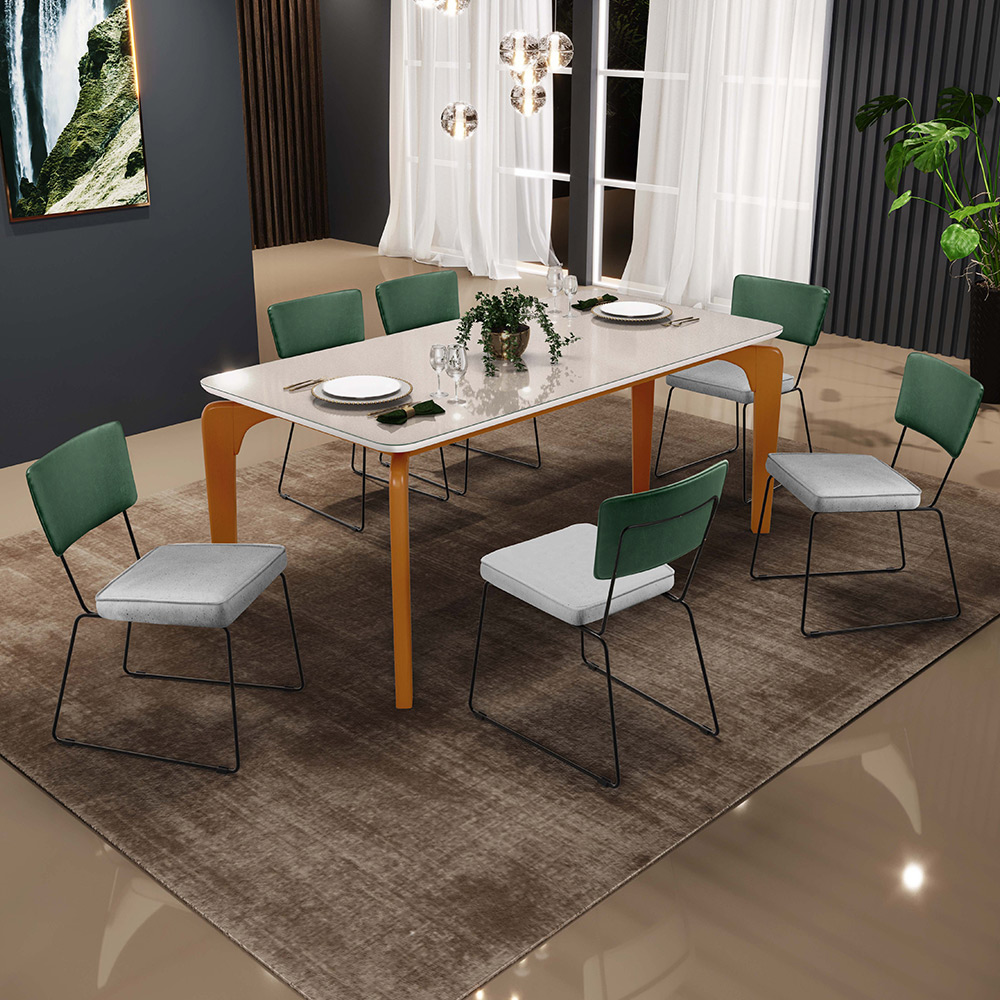 Mesa Capri 160cm Off White E 6 Cadeiras Allana B05 Facto Verde Musgo Linho Cinza - Lyam Decor