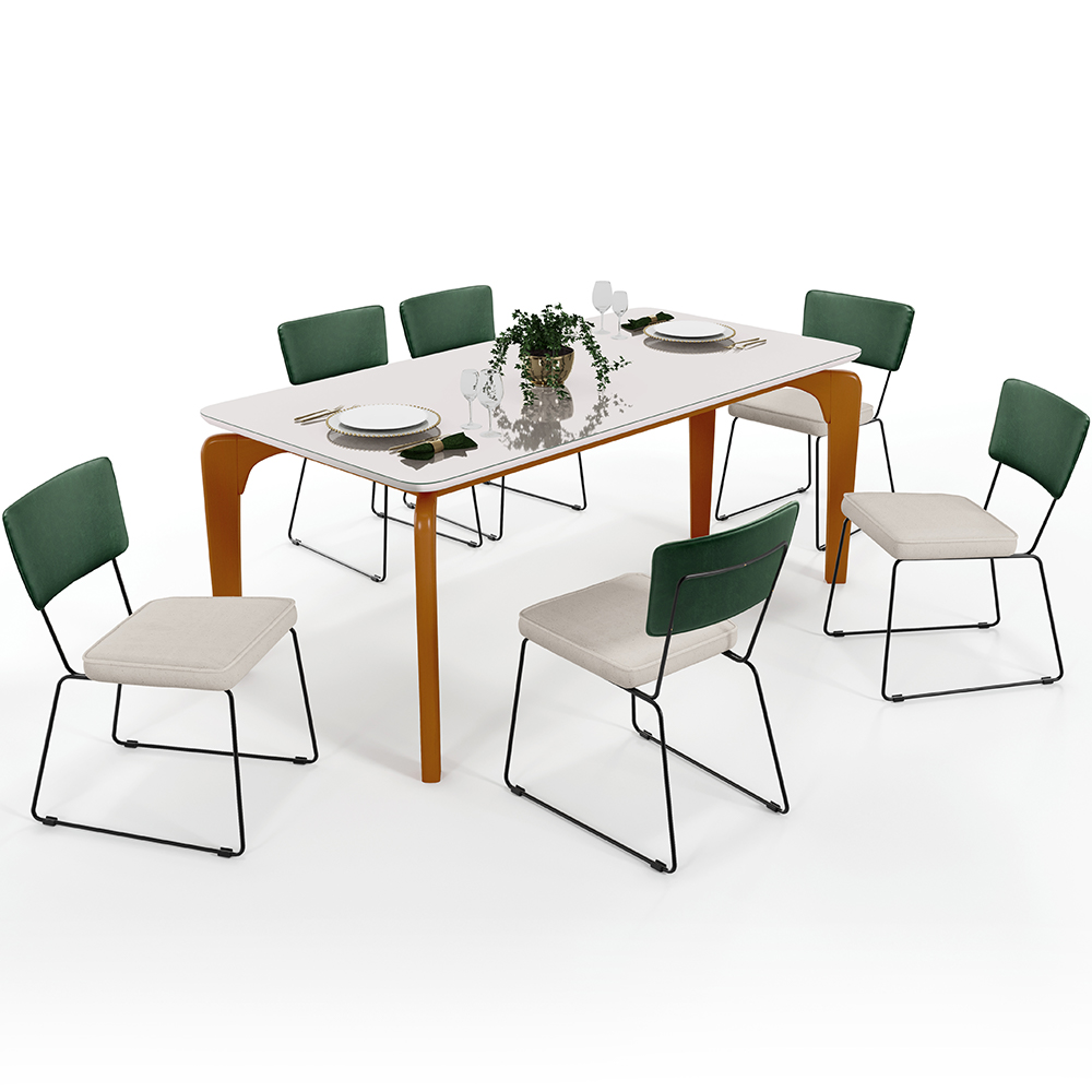 Mesa Capri 160cm Off White E 6 Cadeiras Allana B05 Facto Verde Musgo Linho Cru - Lyam Decor