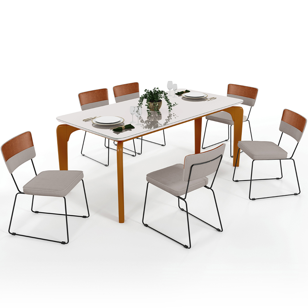 Mesa Capri 160cm Off White Nature Com 6 Cadeiras Allana B05 Couríssimo Camel Linho Bege - Lyam Decor
