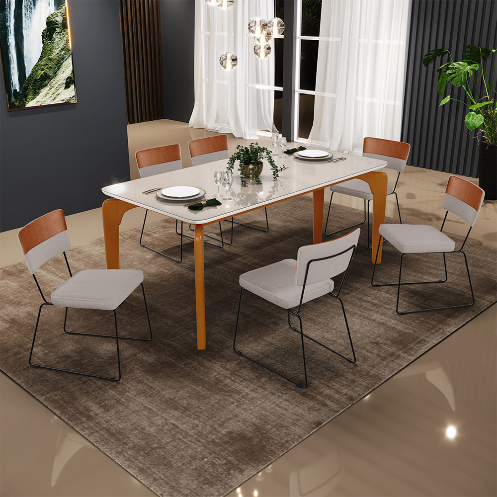 Mesa Capri 160cm Off White Nature Com 6 Cadeiras Allana B05 Couríssimo Camel Linho Bege - Lyam Decor