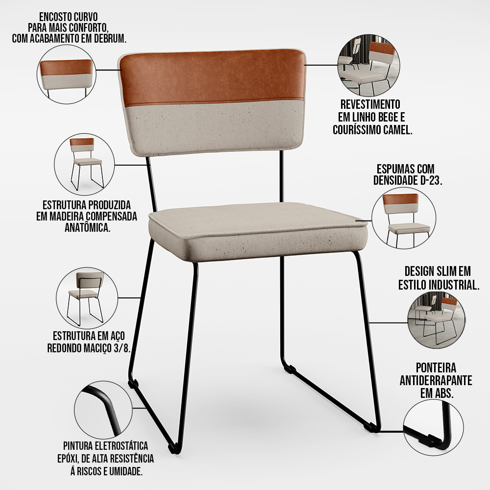 Mesa Capri 160cm Off White Nature Com 6 Cadeiras Allana B05 Couríssimo Camel Linho Bege - Lyam Decor