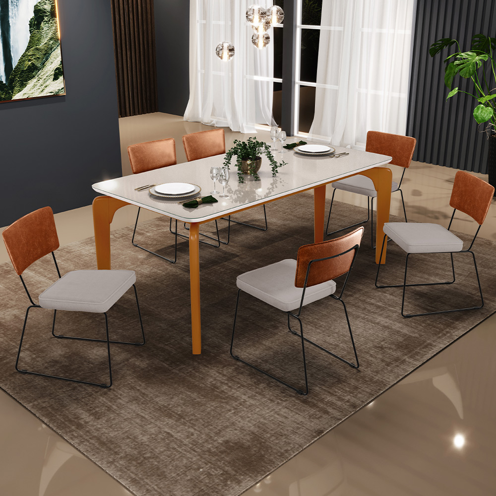 Mesa Capri 160cm Off White Nature Com 6 Cadeiras Allana B05 Couríssimo Camel Linho Bege - Lyam Decor