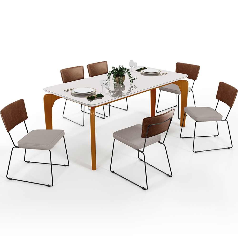 Mesa Capri 160cm Off White Nature E 6 Cadeiras Allana B05 Couríssimo Marrom Linho Bege - Lyam Decor