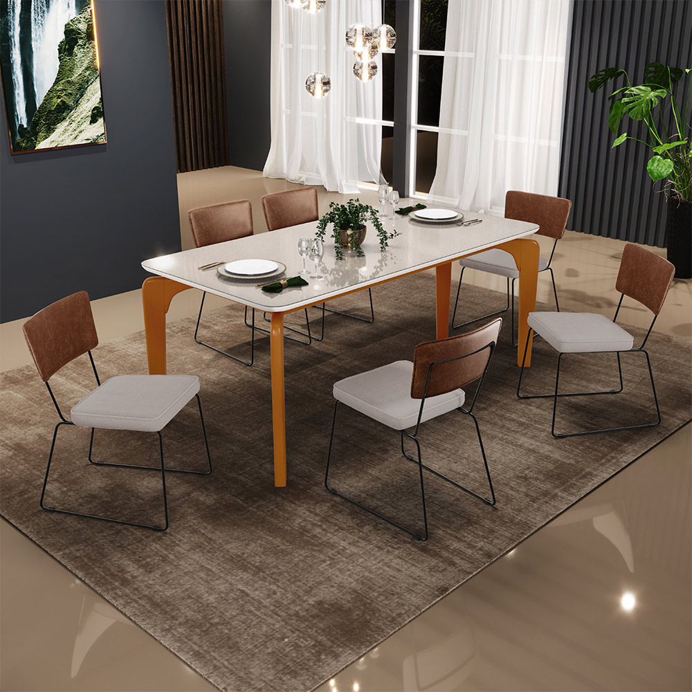 Mesa Capri 160cm Off White Nature E 6 Cadeiras Allana B05 Couríssimo Marrom Linho Bege - Lyam Decor