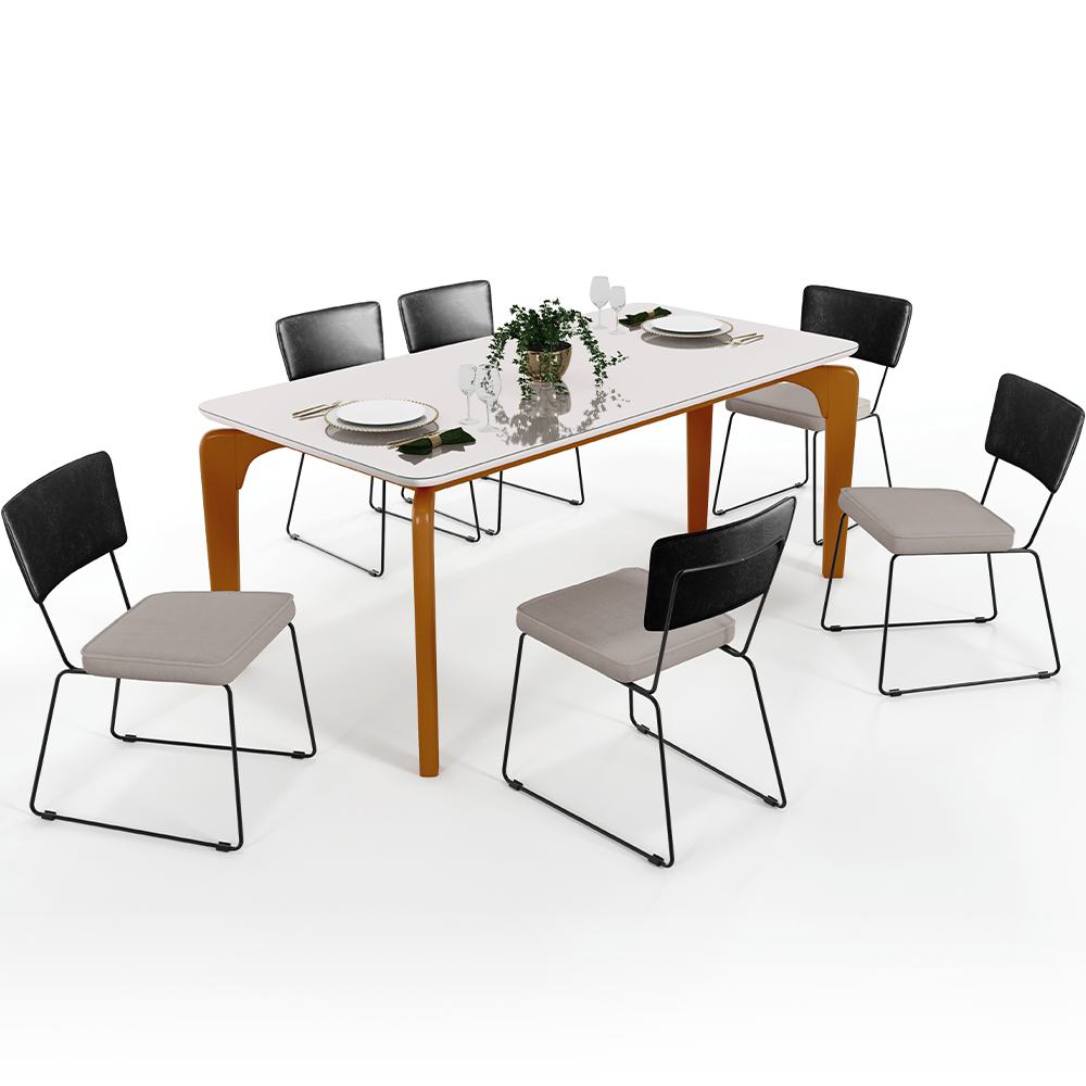 Mesa Capri 160cm Off White Nature E 6 Cadeiras Allana B05 Couríssimo Preto Linho Bege - Lyam Decor