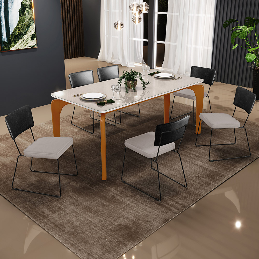 Mesa Capri 160cm Off White Nature E 6 Cadeiras Allana B05 Couríssimo Preto Linho Bege - Lyam Decor