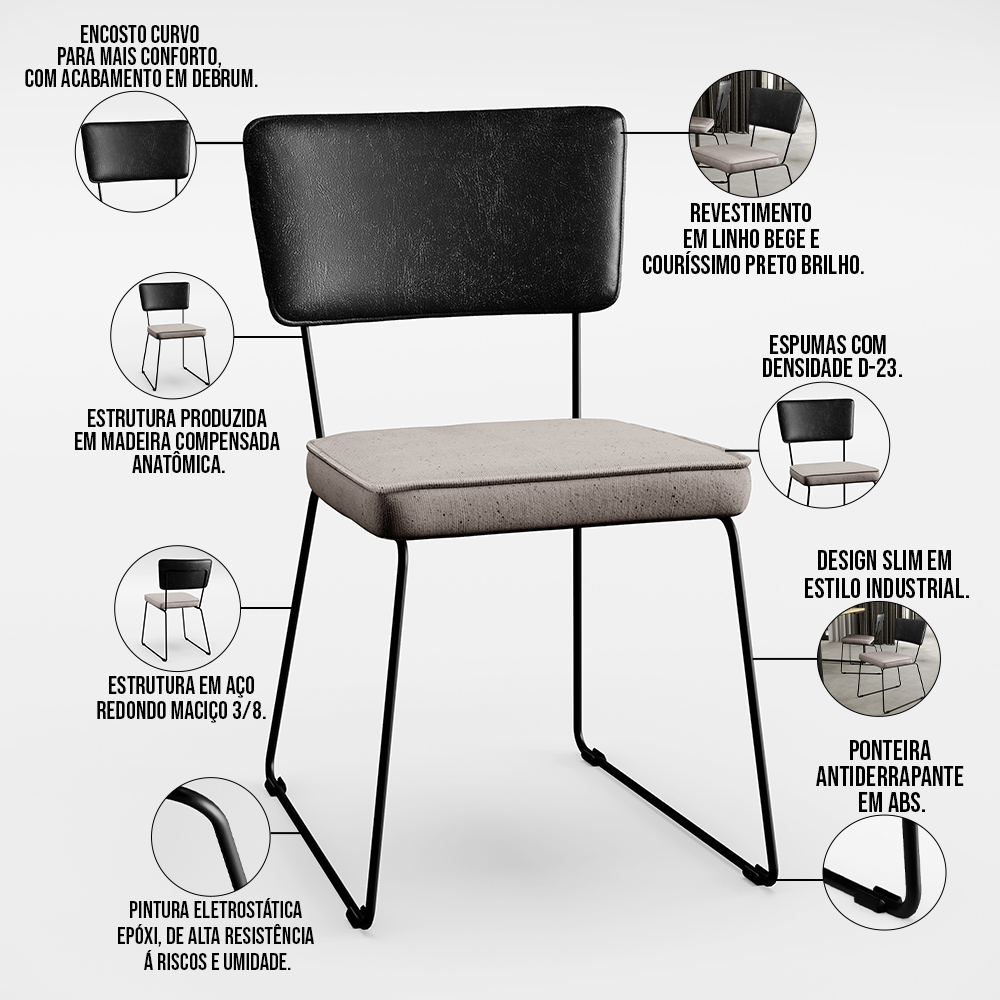 Mesa Capri 160cm Off White Nature E 6 Cadeiras Allana B05 Couríssimo Preto Linho Bege - Lyam Decor
