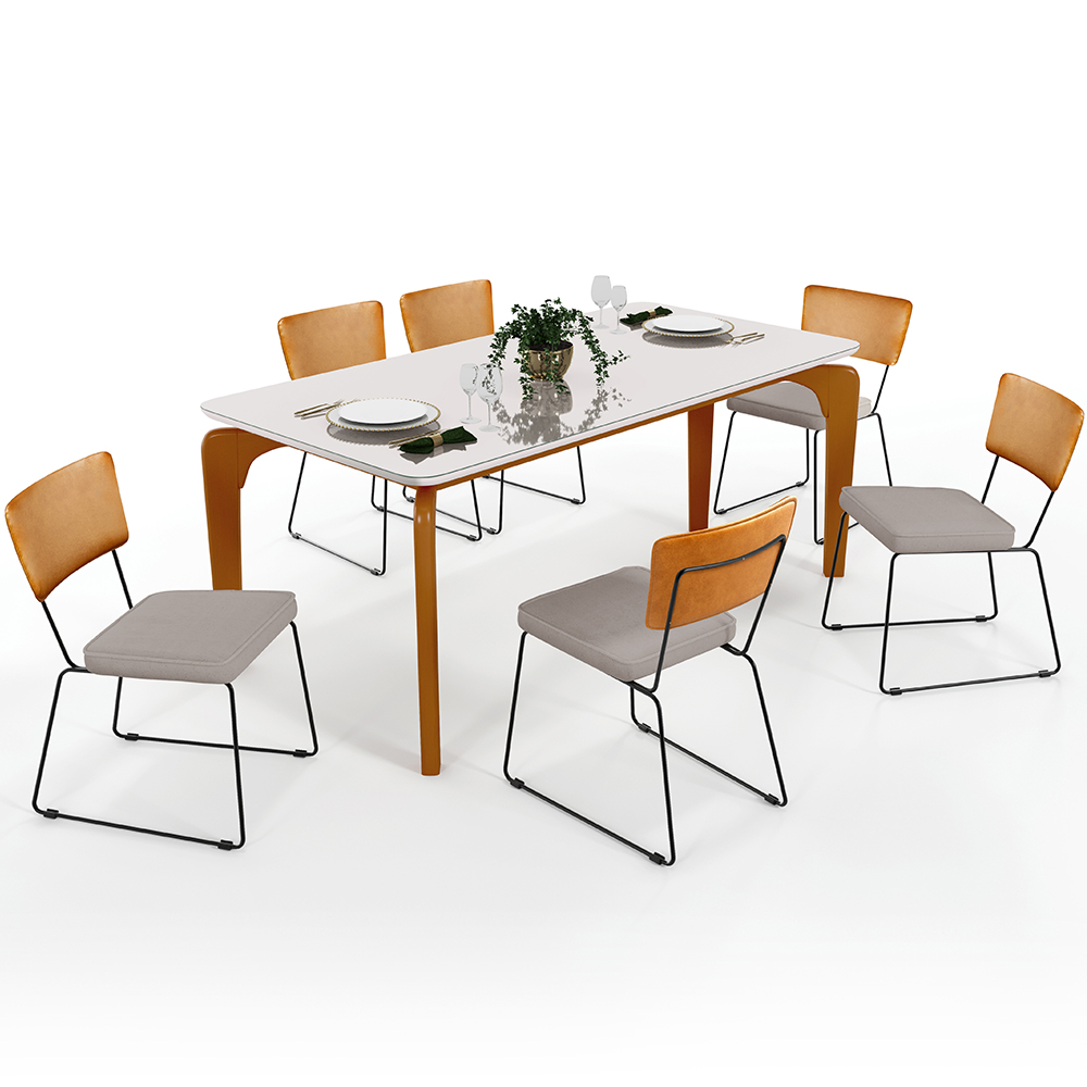 Mesa Capri 160cm Off White Nature E 6 Cadeiras Allana B05 Couríssimo Whisky Linho Bege - Lyam Decor