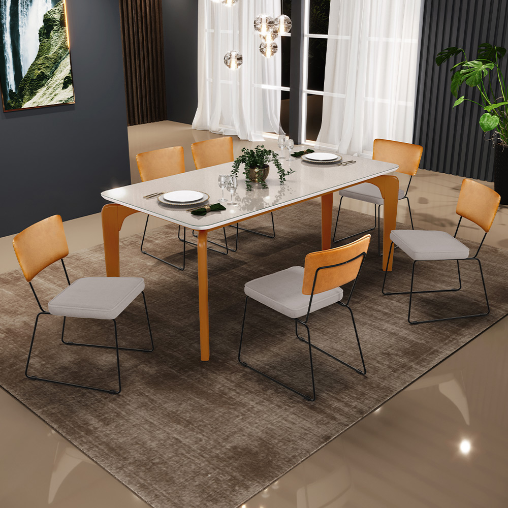 Mesa Capri 160cm Off White Nature E 6 Cadeiras Allana B05 Couríssimo Whisky Linho Bege - Lyam Decor