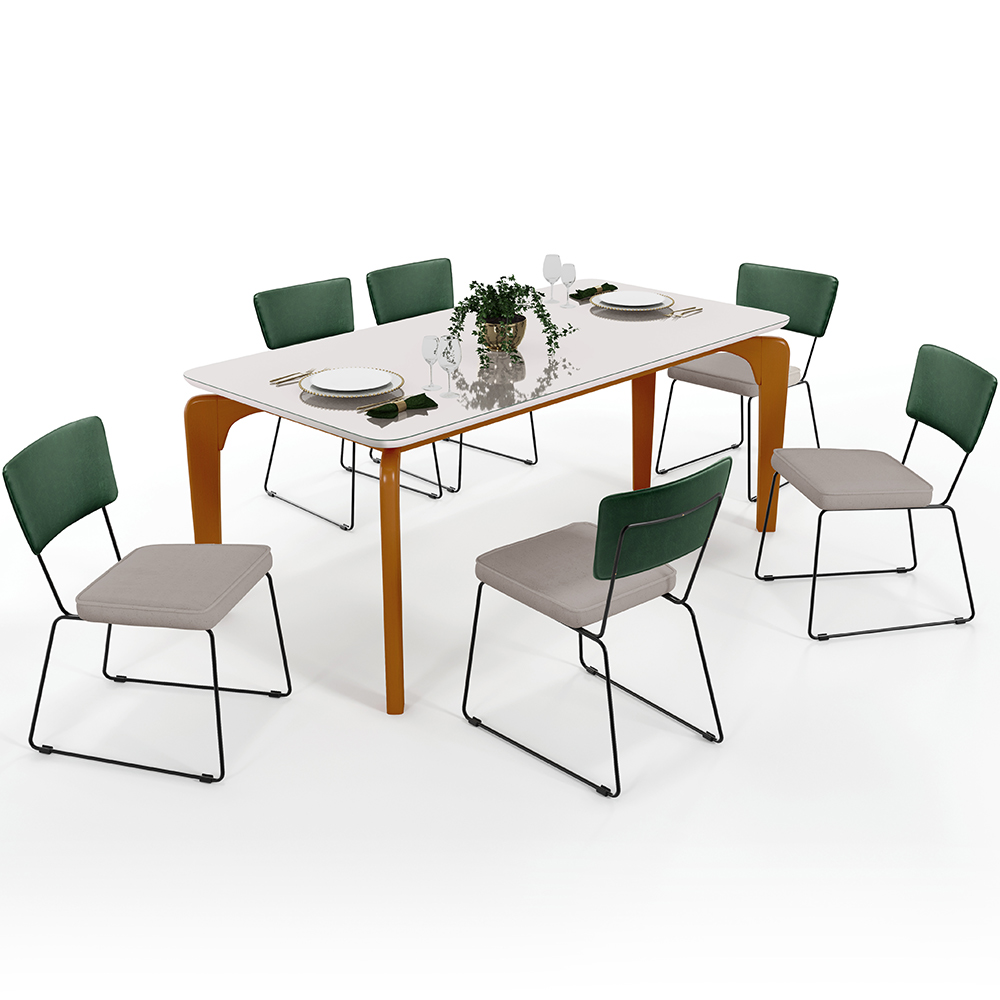 Mesa Capri 160cm Off White Nature E 6 Cadeiras Allana B05 Facto Verde Musgo Linho Bege - Lyam Decor