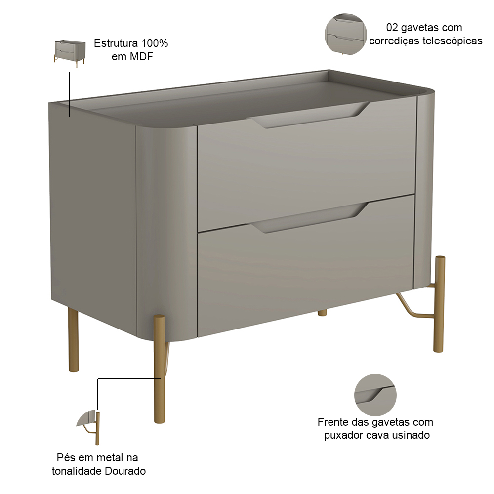 Mesa De Cabeceira Orgânica 2 Gavetas Pés Industrial Dourado Bliss I03 Grigio - Lyam Decor