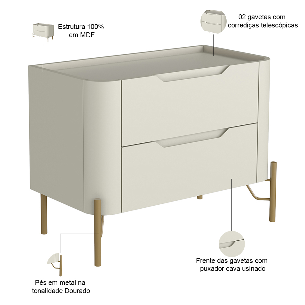 Mesa De Cabeceira Orgânica 2 Gavetas Pés Industrial Dourado Bliss I03 Luna - Lyam Decor