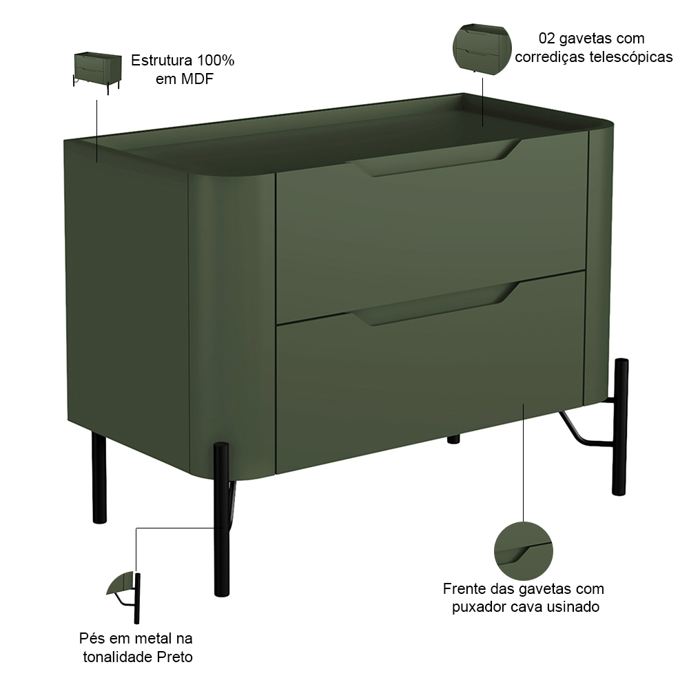 Mesa De Cabeceira Orgânica 2 Gavetas Pés Industrial Preto Bliss I03 Musgo - Lyam Decor