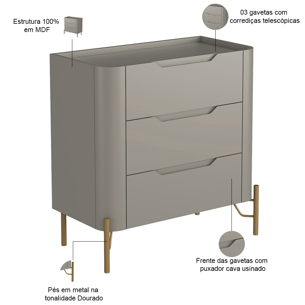 Mesa De Cabeceira Orgânica 3 Gavetas Pés Industrial Dourado Bliss I03 Grigio - Lyam Decor
