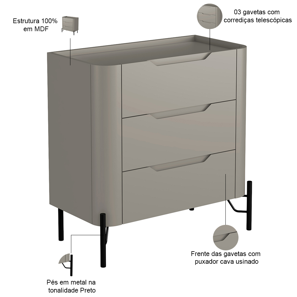 Mesa De Cabeceira Orgânica 3 Gavetas Pés Industrial Preto Bliss I03 Grigio - Lyam Decor