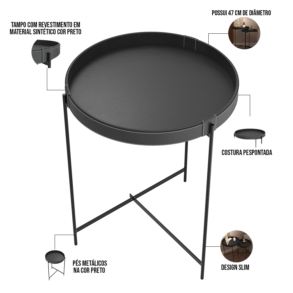 Mesa De Canto Lateral Decorativa Industrial Sala de Estar 47 cm Sintético Preto P06 Daisy - Lyam