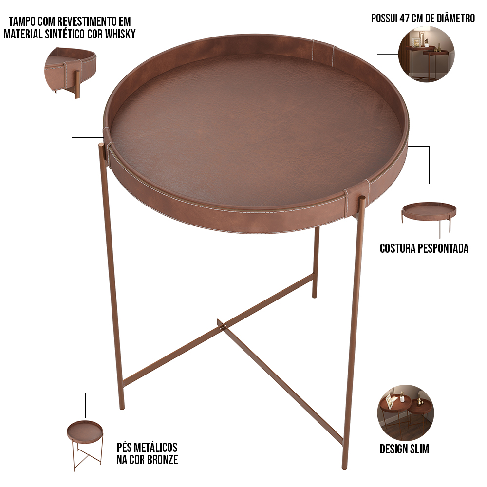 Mesa De Canto Lateral Decorativa Industrial Sala de Estar 47 cm Sintético Whisky P06 Daisy - Lyam
