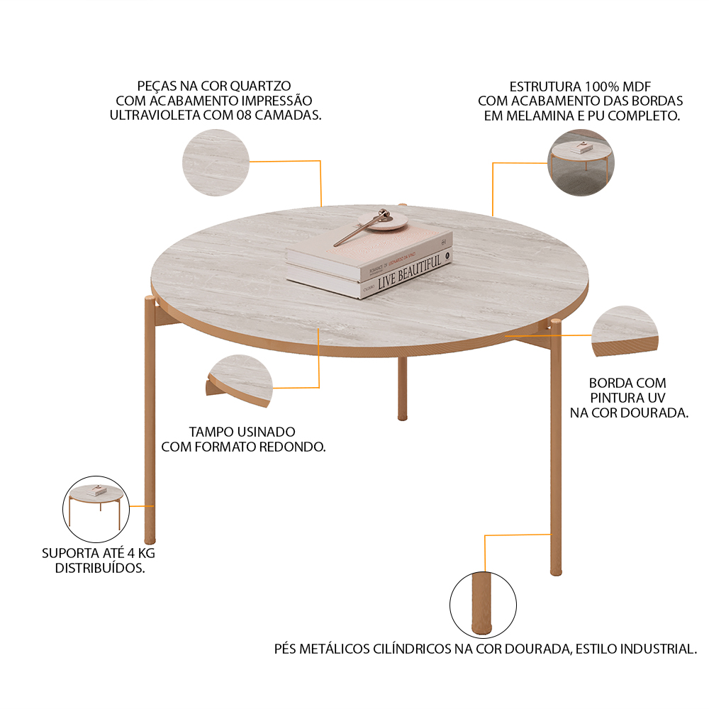 Mesa De Centro Decorativa Sala de Estar Industrial Ellie D05 Quartzo - Lyam Decor