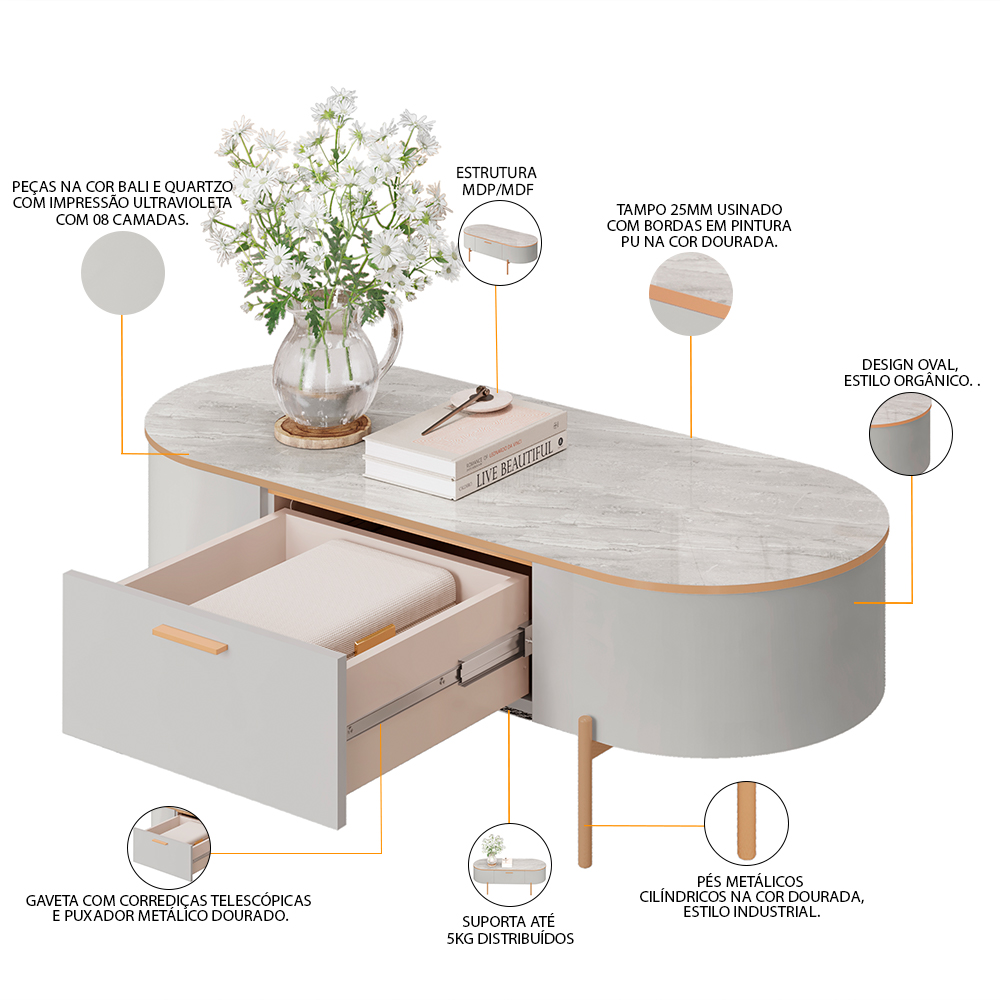 Mesa De Centro Decorativa Sala de Estar Orgânico Giverny D05 Bali Quartzo - Lyam Decor