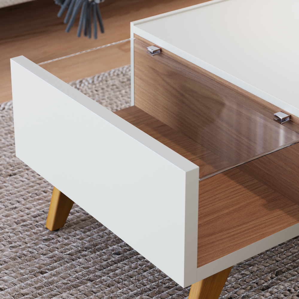 Mesa De Centro Para Sala De Estar Com 01 Gaveta Meira C04 Off White Matte Freijó - Lyam