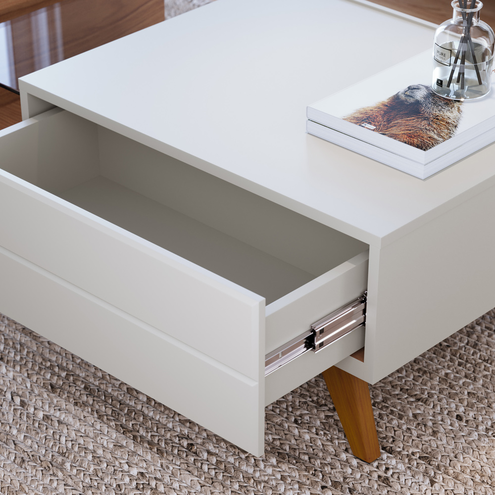 Mesa De Centro Para Sala De Estar Com 01 Gaveta Meira C04 Off White Matte Freijó - Lyam