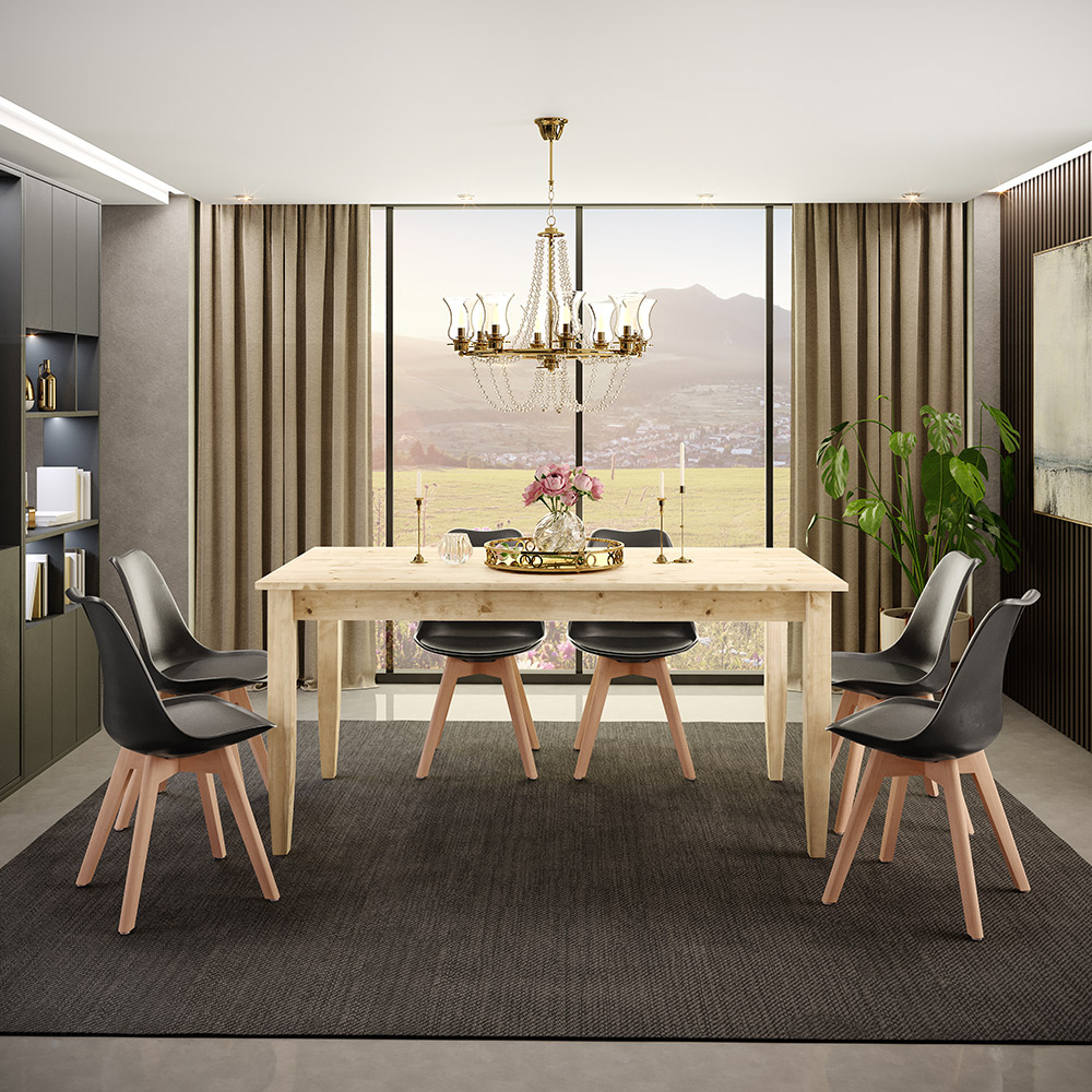 Mesa De Jantar 06 Lugares Retangular New Rústico W02 160cm Madeira Maciça Pinus Natural - Lyam Decor