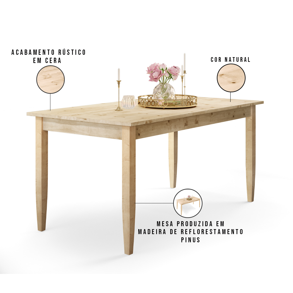 Mesa De Jantar 06 Lugares Retangular New Rústico W02 160cm Madeira Maciça Pinus Natural - Lyam Decor
