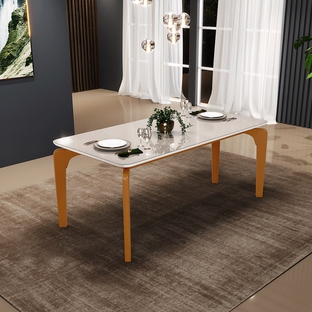 Mesa De Jantar 6 Lugares Retangular Capri 160cm Tampo De Vidro B05 Off White Nature - Lyam Decor