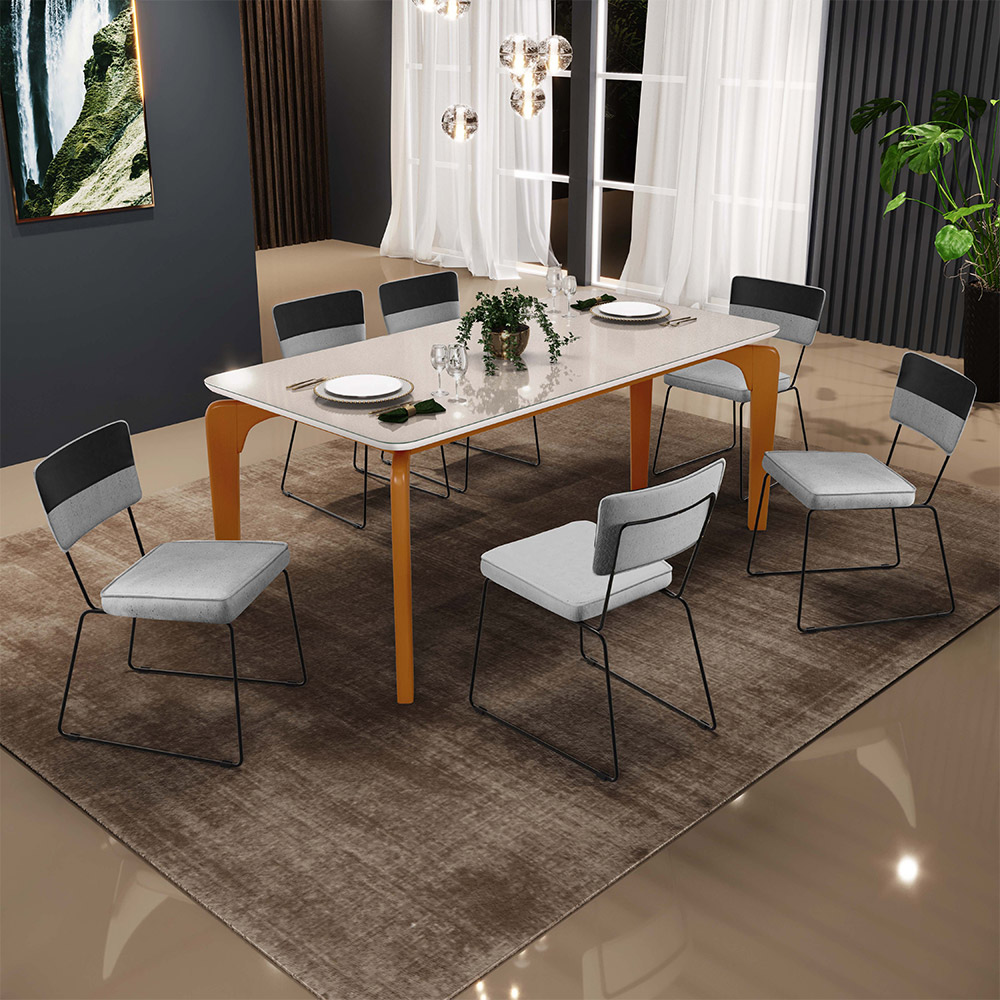 Mesa De Jantar Capri 160 Off White 6 Cadeiras Allana B05 Faixa Corano Preto Linho Cinza - Lyam Decor