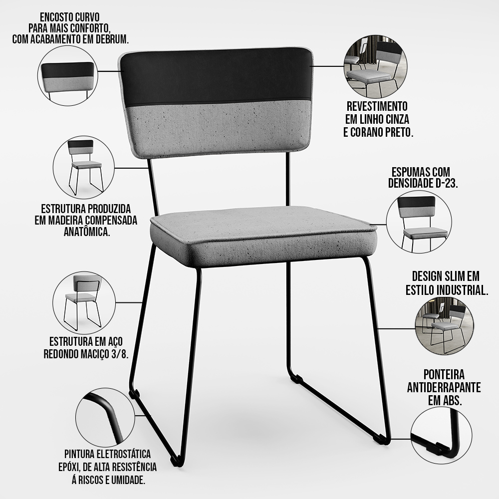 Mesa De Jantar Capri 160 Off White 6 Cadeiras Allana B05 Faixa Corano Preto Linho Cinza - Lyam Decor