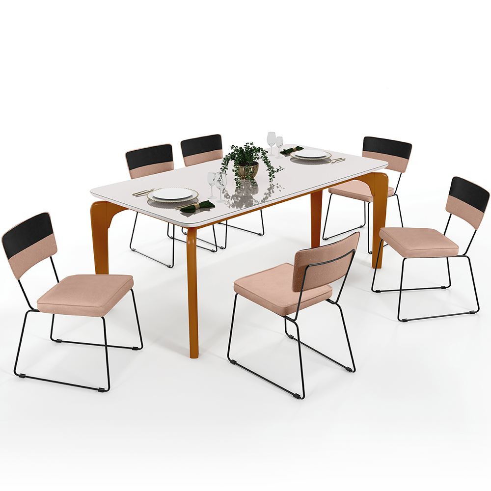 Mesa De Jantar Capri 160 Off White 6 Cadeiras Allana B05 Faixa Corano Preto Linho Rosê - Lyam Decor