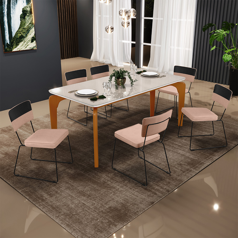 Mesa De Jantar Capri 160 Off White 6 Cadeiras Allana B05 Faixa Corano Preto Linho Rosê - Lyam Decor