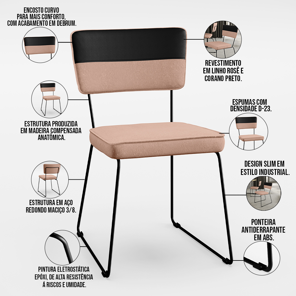 Mesa De Jantar Capri 160 Off White 6 Cadeiras Allana B05 Faixa Corano Preto Linho Rosê - Lyam Decor
