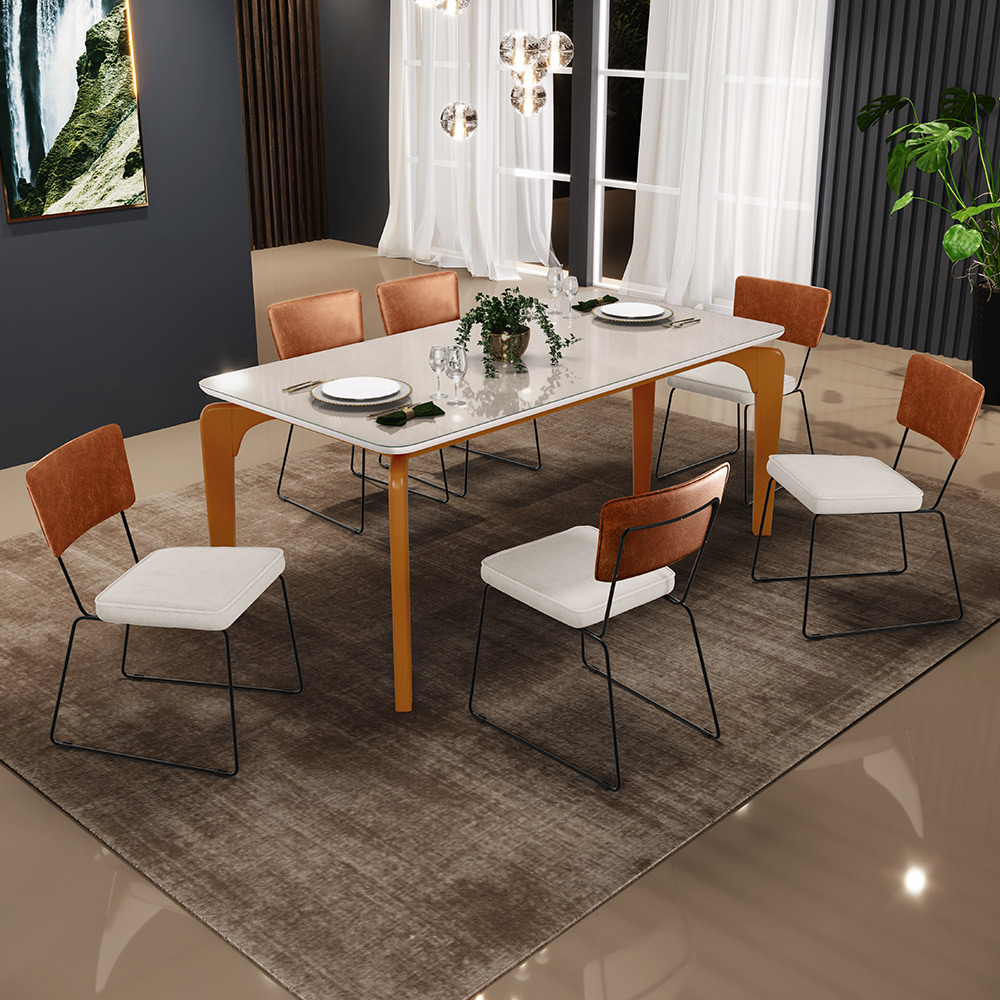 Mesa De Jantar Capri 160 Off White Com 6 Cadeiras Allana B05 Couríssimo Camel Linho Cru - Lyam Decor